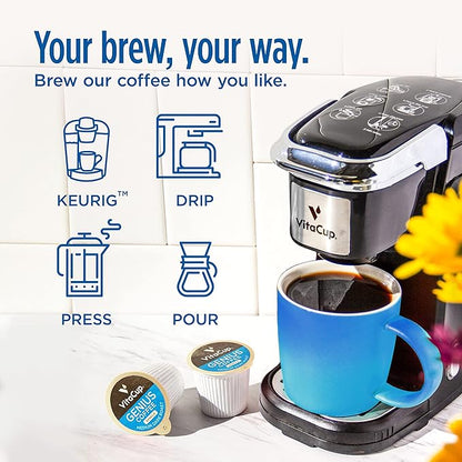 Genius Vanilla Keto Coffee Pods by VitaCup w/MCT Oil, Turmeric, B Vitamins, & D3 for Energy & Focus in Recyclable Single Serve Pod Compatible with K-Cup Brewers Including Keurig 2.0, 64 CT