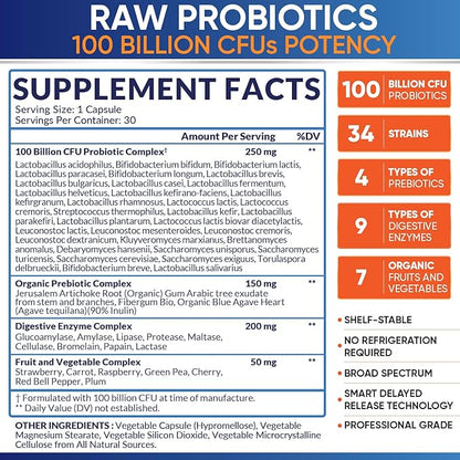 Wholesome Wellness Organic Raw Probiotics 100 Billion CFU, Dr Formulated for Women and Men, Complete Adult Supplement with Prebiotics and Digestive Enzymes; 30 Capsules, Shelf Stable