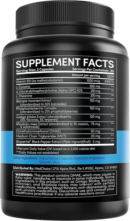 11-in-1 Nootropic Brain Supplements for Memory, Focus and Brain Support with Ginkgo Biloba, L Theanine, Bioperine, Alpha GPC, Choline - 1321mg, Stimulant Free, Vegan (60ct, Pack of 4)