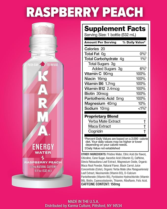 Karma Natural Energy Drink - 12 Pack, Raspberry Peach Caffeinated Water - Clean Focus & Energy Boost