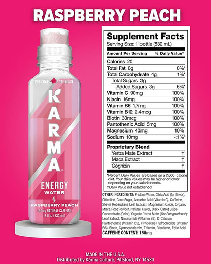 Karma Natural Energy Drink - 12 Pack, Raspberry Peach Caffeinated Water - Clean Focus & Energy Boost