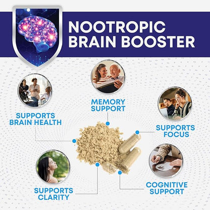 Brain Supplements for Memory and Focus - 40 Nootropics & Vitamins to Support Mental Alertness, Clarity & Concentration, Brain Health Cognitive Memory Pills, B6, B12, Phosphatidylserine - 120 Capsules