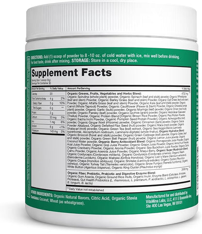 Zena Organic Super Greens Powder, 70+ Superfoods Drink Mix, 0 Sugar, 3G Fiber, Fruits, Veggies, Spirulina, Chlorella, Antioxidants, Pre & Probiotics, Digestive Enzymes, Mango Flavor, 30 Servings