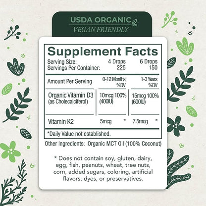 Vitamin D3 and Vitamin K2 Liquid Drops – Baby Vitamin D Drops for Infants w/ Vitamin K for Optimal Absorption – Vitamin D3 K2 Supplement w/ Organic MCT Oil Supports Healthy Bones, Brain, Immune System