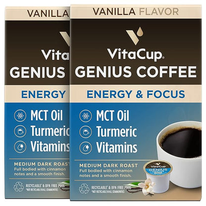 Genius Vanilla Keto Coffee Pods by VitaCup w/MCT Oil, Turmeric, B Vitamins, & D3 for Energy & Focus in Recyclable Single Serve Pod Compatible with K-Cup Brewers Including Keurig 2.0, 32 CT