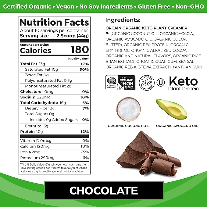 Orgain Organic Keto Vegan Protein Powder, Chocolate 10g Plant 0g Sugar*, 0.97lb
