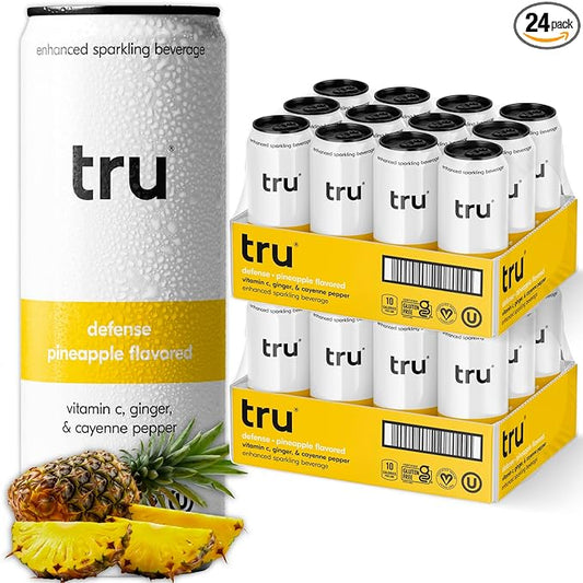 Tru Defend Seltzer, Pineapple Flavored Sparkling Water Made with Real Fruit Juice - Immune Support Drink plus 100% Vitamin C - Caffeine Free, Kosher, GF, No Added Sugar Beverages, 12oz (Pack of 24)