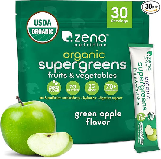 Zena Organic Super Greens Powder, 70+ Superfoods Drink Mix, 0 Sugar, 3G Fiber, Fruits, Veggies, Spirulina, Chlorella, Antioxidants, Pre & Probiotics, Digestive Enzymes, Green Apple Flavor, 30 Packets