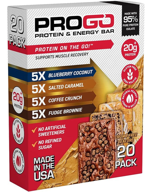 ProGo Protein Bars, Energy Bars – Up to 22g Clean Protein, 95% Pure Isolate for Muscle Growth, Collagen for Recovery, Low Calorie, Sweetened w/Honey & Peanut Butter (20-Count, Variety Pack)