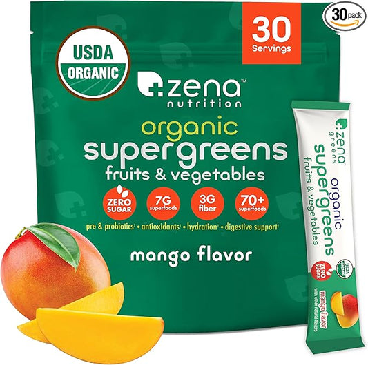 Zena Organic Super Greens Powder, 70+ Superfoods Drink Mix, 0 Sugar, 3G Fiber, Fruits, Veggies, Spirulina, Chlorella, Antioxidants, Pre & Probiotics, Digestive Enzymes, Mango Flavor, 30 Packets