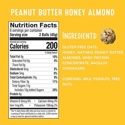 Whole Food Protein Balls with Probiotics - Peanut Butter Honey Almond Snacks - 8g Protein Snack - Gluten Free Energy Balls (1 Pack of 12 Balls)