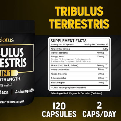 Zolotus 13in1 Tribulus Terrestris Capsules with Maca, Horny Goat Weed, Panax Ginseng, Saw Palmetto, Tongkat Ali, Shilajit & More - Energy, Stamina Supplement for Men & Women - 120 Counts