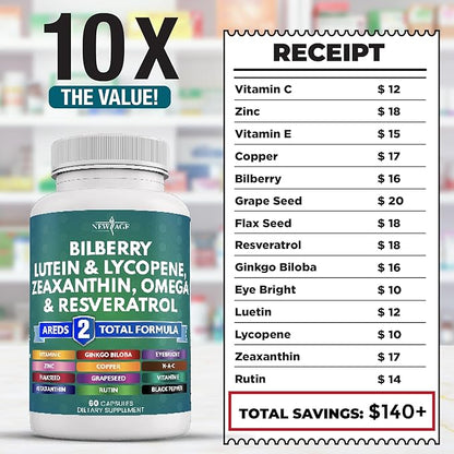 NEW AGE Eye Health Vitamins 6000mg Lutein 40mg Lycopene 40mg Resveratrol 3000mg Grape 6000mg Astaxanthin 180 Count
