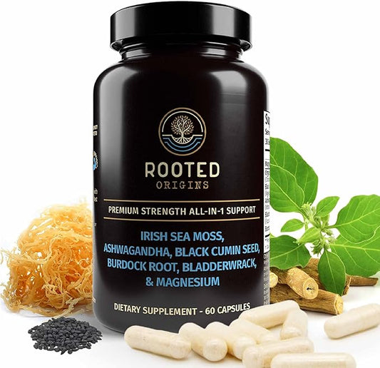 Sea Moss Capsules- Irish Sea Moss, Ashwagandha, Black Cumin Seed, Bladderwrack, Burdock Root & Magnesium- Immune Support, Gut Health, Energy, & More - 60 Capsules