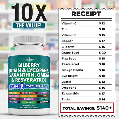NEW AGE Eye Health Vitamins 6000mg Lutein 40mg Lycopene 40mg Resveratrol 3000mg Grape 6000mg Astaxanthin 60 Count