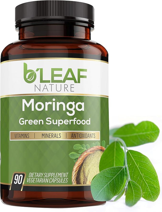 B'LEAF NATURE Organic Moringa Oleifera 90 Capsules, 1000mg – Organic Moringa Powder Capsules - Pure Moringa Leaf Capsules Energy Natural Wellness & Immune Support – Vegan, Non-GMO Moringa Supplement