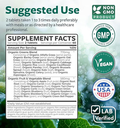USDA Organic Greens Powder (120 Tablets) Convenient Pills - Complete Superfood Supplement with 28 Fruits & Vegetables - Super Antioxidants, Energy, Gut Health, and Immune Support (No Capsules)