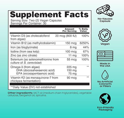 wholier Plant Based Multivitamin Vegan Omega-3 B12, Zinc, K2, Iron, 60 Count (30-Day Supply)