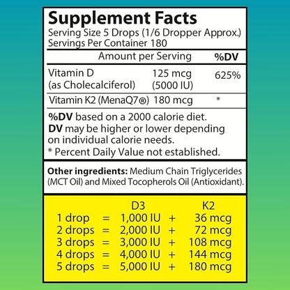 Vitamin D3 K2 Liquid Drops - Vegan Vitamin D3 5000 IU, Vitamin D Drops Adult, No Fillers, Non-GMO, No Taste, Liquid Vitamin d3 with k2 Supplement to Boost Energy Levels, Mood, Immune System, 1 fl oz