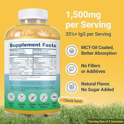 Sugar-Free Colostrum Gummies (1500mg) Bovine Colostrum for Humans, Grass-Fed Supplement for Gut Health, Leaky Gut Repair, Immune Support, Skin Health - 35% IgG Per Serving