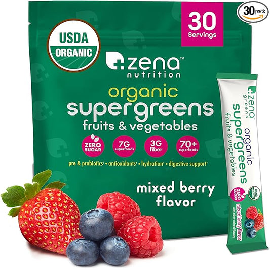 Zena Organic Super Greens Powder, 70+ Superfoods Drink Mix, 0 Sugar, 3G Fiber, Fruits, Veggies, Spirulina, Chlorella, Antioxidants, Pre & Probiotics, Digestive Enzymes, Mixed Berry Flavor, 30 Packets