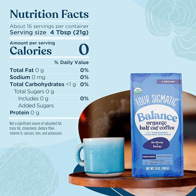 Four Sigmatic Organic Balance Adaptogen Ground Coffee | Medium Roast USDA Organic Coffee with Ashwagandha, Chaga Mushroom, Eleuthero and Tulsi for Focus and Energy Boosting | 12oz Bag