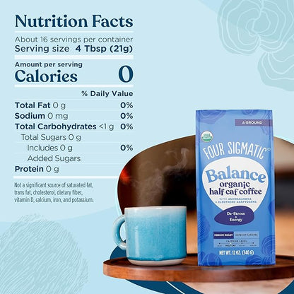 Four Sigmatic Organic Balance Adaptogen Ground Coffee | Medium Roast USDA Organic Coffee with Ashwagandha, Chaga Mushroom, Eleuthero and Tulsi for Focus and Energy Boosting | 12oz Bag
