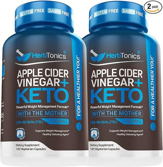 Herbtonics Keto BHB + Apple Cider Vinegar Capsules with The Mother - Keto Diet Pills, BHB Exogenous Ketones with GLP-1 Support, Energy & Focus - Keto ACV Supplement for Women & Men - 240 Capsules