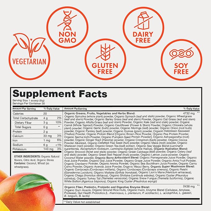 Zena Organic Super Greens Powder, 70+ Superfoods Drink Mix, 0 Sugar, 3G Fiber, Fruits, Veggies, Spirulina, Chlorella, Antioxidants, Pre & Probiotics, Digestive Enzymes, Mango Flavor, 30 Servings