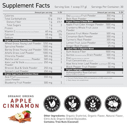 Kaged Organic Greens Superfood Powder, Outlive100 Apple Cinnamon, Supergreens, Apple Cider Vinegar, Ashwagandha, 30 Servings
