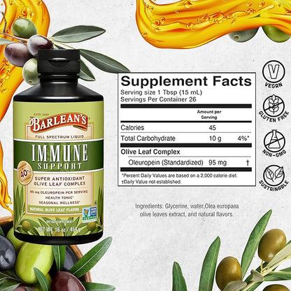 Barlean's Olive Leaf Complex Liquid Immune Support Supplement with 95mg Oleuropein Antioxidants for Seasonal Wellness, Heart Health, & Immune System Booster, 16 Ounce