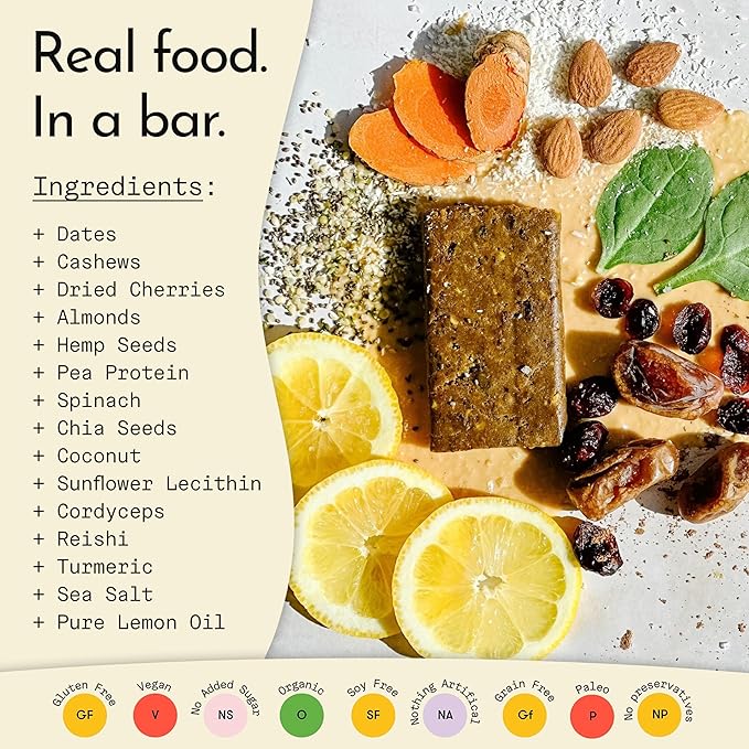 Send Bars Plant-Based Vegan Healthy Protein Bars, With Greens (Lemon Cherry, 8 Bars) – Increase Your Focus, Tolerance For Stress & Physical Output With Organic Ingredients