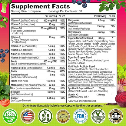 Women's Daily Multivitamin 50 plus - Vegan Multivitamin for Women 50 and over with Biotin, Organic Superfoods, B-Complex, Lutein for Optimal Health, Energy, Gut & Eye Support, Easy to Swallow Capsules