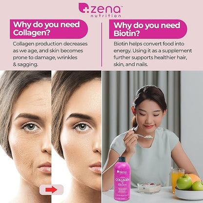 Zena Nutrition Liquid Collagen Peptide + Biotin 2500mg Verisol 5000mcg Biotin 60 Servings, 20.3 FL