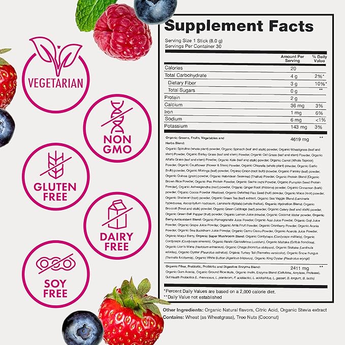 Zena Organic Super Greens Powder, 70+ Superfoods Drink Mix, 0 Sugar, 3G Fiber, Fruits, Veggies, Spirulina, Chlorella, Antioxidants, Pre & Probiotics, Digestive Enzymes, Mixed Berry Flavor, 30 Packets