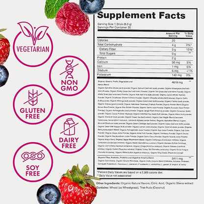 Zena Organic Super Greens Powder, 70+ Superfoods Drink Mix, 0 Sugar, 3G Fiber, Fruits, Veggies, Spirulina, Chlorella, Antioxidants, Pre & Probiotics, Digestive Enzymes, Mixed Berry Flavor, 30 Packets